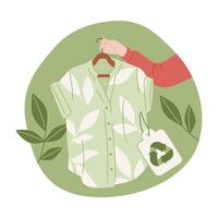 hand- Holding hanger met bladvormig overhemd en recycle label. kleding gemaakt van duurzame materialen. vlak vector illustratie doorverkoop kleding en bewust consumptie.