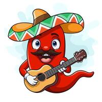 cartoon happy sombrero chili peper gitaar spelen vector