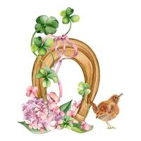 hoefijzer en Klaver in botanisch kunst waterverf illustratie geïsoleerd Aan wit. geschilderd klaver en vogel. Lucky symbool en voorjaar bloemen hand- getrokken. ontwerp voor st. Patrick dag, Pasen, lente. vector