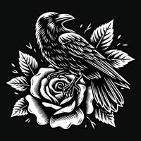 kraai hoofd met roos bloem grunge wijnoogst stijl hand- getrokken illustratie zwart en wit vector
