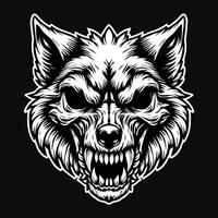 donker kunst schedel boos beest wolf hoofd zwart en wit illustratie vector
