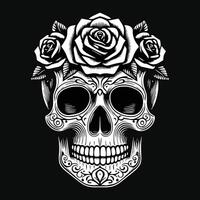 donker kunst schedel hoofd met bloem zwart en wit illustratie vector