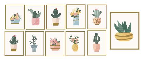 kamerplanten en bloemen in potten en vazen - reeks van affiches. vector illustratie kan gebruikt voor huis decor, etiketten, ansichtkaarten.