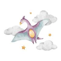 schattig Purper dinosaurus vliegend in wolken, sterren. geïsoleerd hand- getrokken waterverf illustratie van dino. clip art van pterodactylus voor kinderen uitnodiging kaarten, baby douche, decoratie van kinderen kamers vector