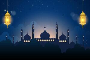 silhouet van de moskee met lantaarns en mooi nacht achtergrond vector