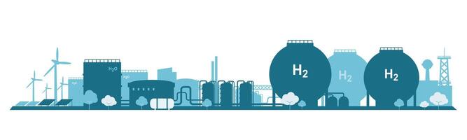 groen waterstof silhouet h2 toekomst energie fabriek macht fabriek industrieel fabrieken fabriek zone schets schaduw achtergrond monochroom vector