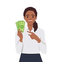 jong Lucky meisje houden veel van geld, richten Bij dollar rekeningen in hand- en glimlachen opgewonden. vector