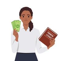 vrouw Holding financieel geletterdheid boek en contant geld geld. financieel onderwijs illustratie. leerling tekens investeren geld in onderwijs en kennis. vector