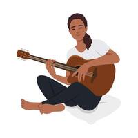 gelukkig jong vrouw gitarist met musical akoestisch instrument. vector