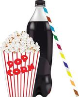 grafisch van een popcorn doos en cola fles, perfect voor bioscoop thema vector