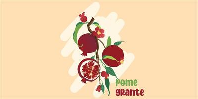 vector illustratie van granaatappel Afdeling met fruit en bloemen geïsoleerd Aan geel. ontwerp element voor bruiloft, verjaardag, halal cosmetica. kan worden gebruikt voor affiches, uitnodigingen, of plakboeken