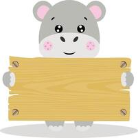 grappig nijlpaard met houten uithangbord vector