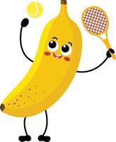 schattig banaan mascotte spelen tennis vector