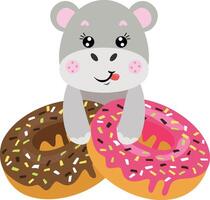 grappig nijlpaard met aardbei en chocola donuts vector