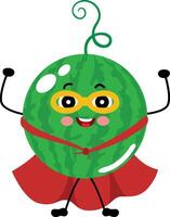 grappig watermeloen mascotte in traditioneel superheld kostuum vector