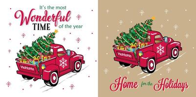 Kerstmis wijnoogst rood vrachtauto geïsoleerd met Kerstmis boom en bewoordingen Kerstmis vector illustratie