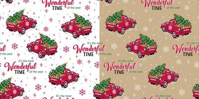 naadloos patroon van rood vrachtauto met Kerstmis boom en cadeaus Kerstmis vector illustratie