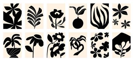 botanisch tekening achtergrond vector set. bloem en bladeren monochroom. abstract vorm tekening kunst ontwerp voor afdrukken, behang, clip art, muur kunst voor huis decoratie.