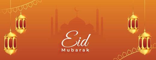 eid mubarak oranje banier met realistisch lantaarns decoratie vector