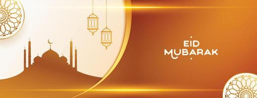 eid mubarak banier met glimmend lichten moskee en lantaarns vector