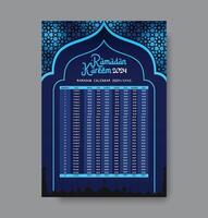 Ramadan kalender ontwerp sjabloon 2024, Ramadan schema, imsakia ontwerp voor Ramadan kareem 2024 - 1445 gebed keer in Ramadan, Islamitisch kalender en sehri ifter tijd schema. vector