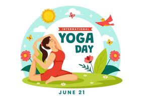 Internationale yoga dag vector illustratie Aan juni 21 met vrouw aan het doen lichaam houding praktijk of meditatie in gezondheidszorg vlak tekenfilm achtergrond