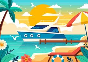 jachten vector illustratie met veerboten lading boten en schip zeilboot van water vervoer Bij de strand in zonsondergang vlak tekenfilm achtergrond
