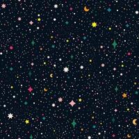 vlak ster nacht lucht naadloos patroon. kleurrijk kosmos patroon met sterren. herhalen ruimte patroon. donker lucht met kleurrijk sterren. vector illustratie.