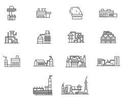 vector lijn icoon reeks industrie gebouw. bedrijf schets fabriek bouw en magazijn productie. energie toren en macht buitenkant gebouw structuur