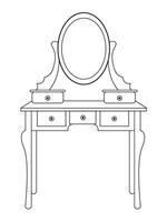 dressing tafel en andere meubilair. dressing kamer in schets stijl. interieur kamer met spiegel ijdelheid bedenken en accessoires. vector illustratie.