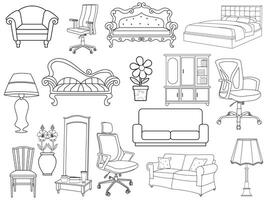 verzameling van elegant modern meubilair en huis interieur decoraties van trendy. keuken, slaapkamer, sofa tafel, boekenkast kast, stoel, matras, lampen, ladder vector illustraties.