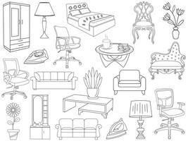 verzameling van elegant modern meubilair en huis interieur decoraties van trendy. keuken, slaapkamer, sofa tafel, boekenkast kast, stoel, matras, lampen, meubilair vector illustratie set.