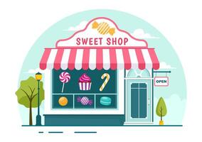 zoet winkel vector illustratie met verkoop divers bakkerij producten, koekje, taart, gebakje of snoep in vlak tekenfilm achtergrond ontwerp