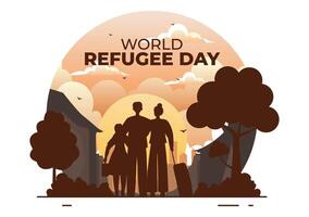 wereld vluchteling dag vector illustratie Aan 20 juni van immigratie familie en hun kinderen wandelen zoeken huis met hek ijzer draad en hand- in achtergrond