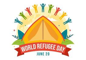 wereld vluchteling dag vector illustratie Aan 20 juni van immigratie familie en hun kinderen wandelen zoeken huis met hek ijzer draad en hand- in achtergrond