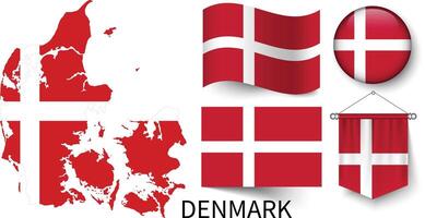 de divers patronen van de Denemarken nationaal vlaggen en de kaart van denemarken borders vector