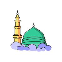 moskee en minaret Aan blauw wolk illustratie vector. Islamitisch grafisch ontwerp voor Ramadan, eid al fitr, eid adha. vector