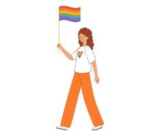 lgbt gemeenschap. vrouw lesbienne of biseksueel houden regenboog vlag. trots optocht. lgbtq trots maand. vector illustratie in vlak stijl