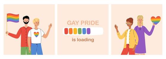lgbt gemeenschap. verschillend mensen houden regenboog vlag en hart. homo's, lesbiennes, biseksueel trots optocht. lgbtq trots maand groet kaarten. vector illustratie in vlak stijl