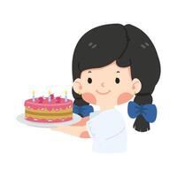kind meisje Holding verjaardag taart tekenfilm vector