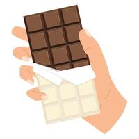 hand met chocoladereep vector