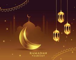 Ramadan kareem Islamitisch groet met gouden maan en lantaarn ontwerp vector