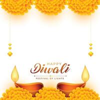 decoratief gelukkig diwali festival achtergrond met olie lamp en bloemen vector