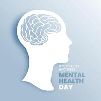 wereld mentaal Gezondheid dag poster met menselijk hoofd in papercut kunst vector
