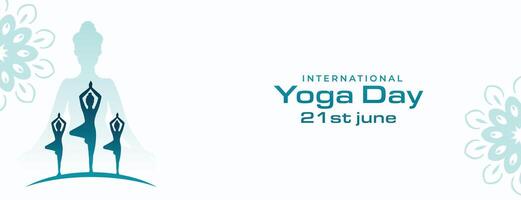 21e yoga dag viering banier met bemiddeling houding vector