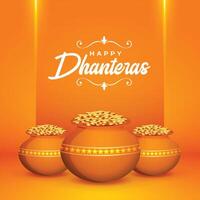 gelukkig dhanteras wensen achtergrond met gouden munt pot en licht effect vector