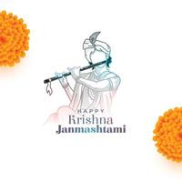 janmashtami festival wensen kaart met heer krishna spelen fluit vector