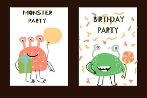 reeks van verjaardag verjaardag posters met schattig monsters vector