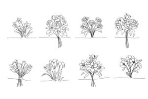 lijn kunst, boeket van bloemen, single lijn tekening. zwart lijn, tulpen, narcissen, rozen. voorjaar bloemen vector