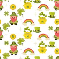 st patricks dag naadloos patroon, Klaver, gnoom elf van Ierse folklore, munten, regenboog. vector illustratie